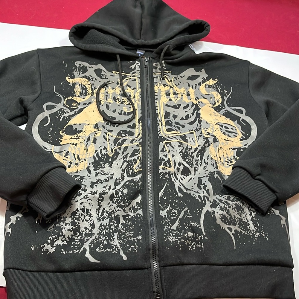 ROMWE BLACK FULL Zip Hoodie gray tan GOTHIC cross print skull DANGEROUS EMO MENS